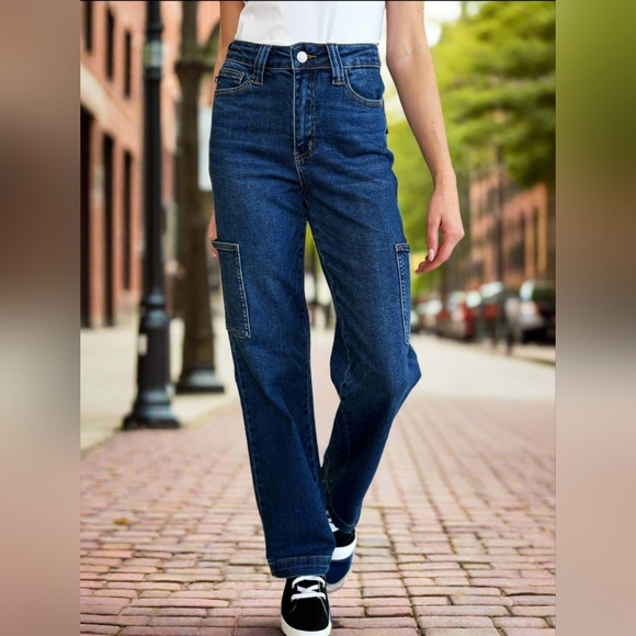 High-Rise Waist Cargo Pockets Denim Boyfriend Straight Leg Jean Pants Judy Blue - Picture 3 of 13